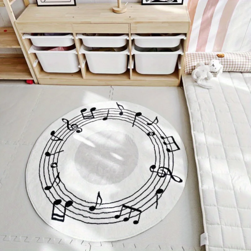 Artistic Circular Music Note Round Area Rug Black‑White Staff Notation Print Carpet for Living Room Lounge Home Interior Decor