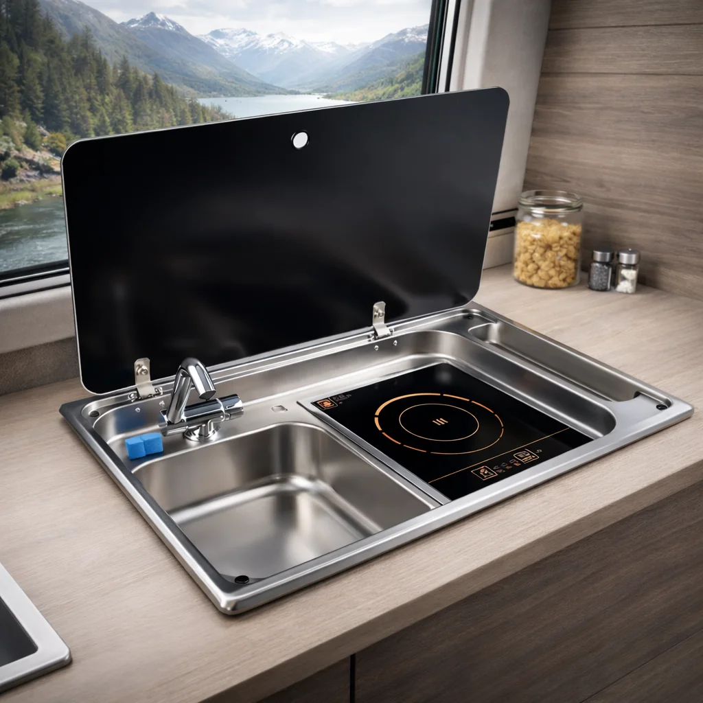 2 in 1 RV Sink with Induction Cooker Stainless Steel Integrated Kitchen Unit for Camper Caravan Motorhome Boat with Glass Lid
