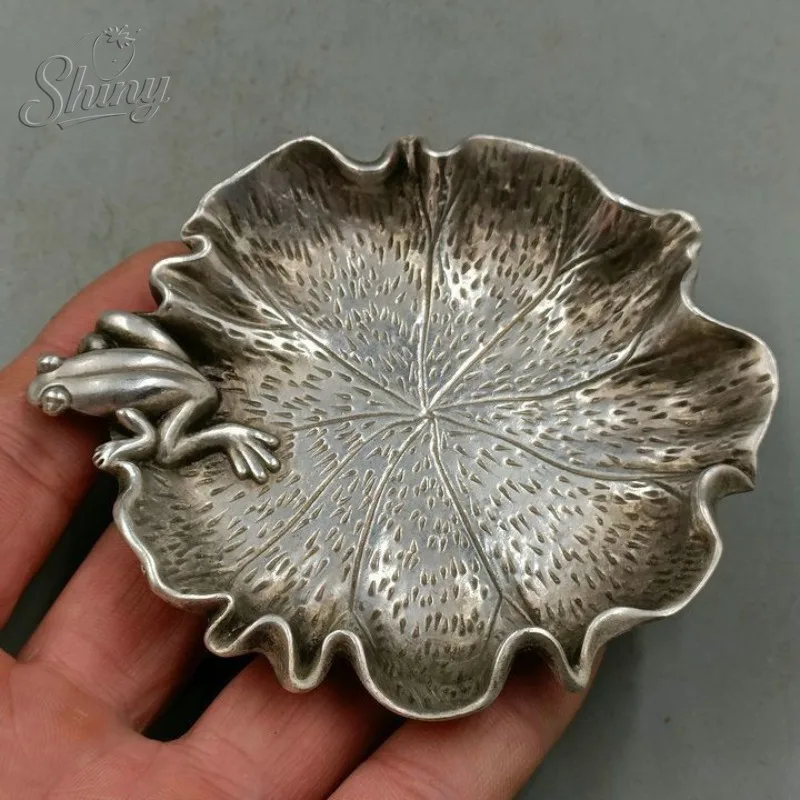 

Antique Lotus Frog Pen Washing Plate Saucer Furniture Craft Silver-plated Small Ornaments