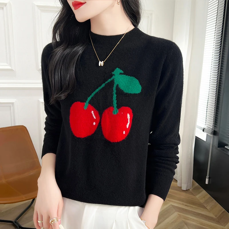 Spring Autumn New Cashmere Sweater Women\'s Knitted Hoodie 100% Merino Wool Embroidered Tops Fashionable Slimming Long Sleeve