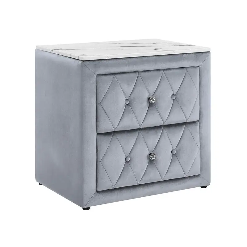 Gray Nightstand Upholstered Fabric Faux Marble Top with 2 Storage Drawers Wooden Bedroom Furniture