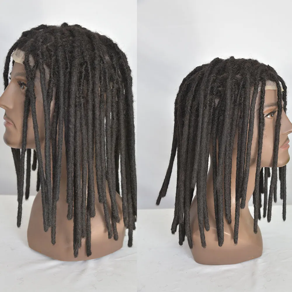 Full Swiss Lace Base Afro Dreadlock 12 Inch Toupee For Black Man Brazilian Human Hair Wigs 8x10inch 1B Color Long Toupee