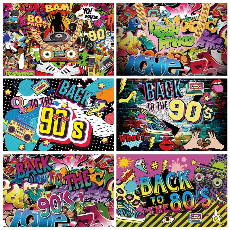 80's 90's Disco Music Hip Hop Birthday Party Backdrop Graffiti Neon Glow Adult Baby Photography Background Decoration Photo Stud