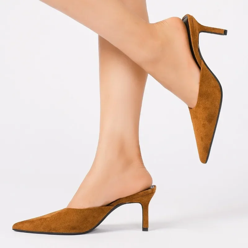 Elegant Suede Mules Women High Heels Slippers 2026 New Comfort Sandals Women Pumps Concise Pointed Toe Slides Heels for Ladies