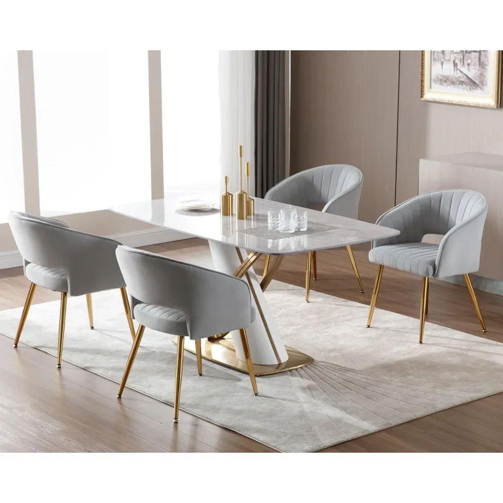 Modern soft velvet dining chair with hollow back and golden metal legs, perfectly decorating your dining table