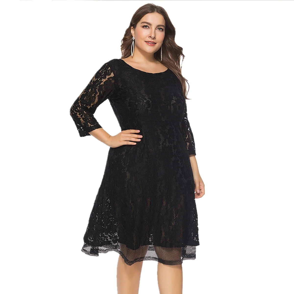 Plus Size New Arrival czarny kolor O dekolt rękaw 3/4 imprezowa wieczorowa, formalna koronkowa sukienki Midi dla kobiet