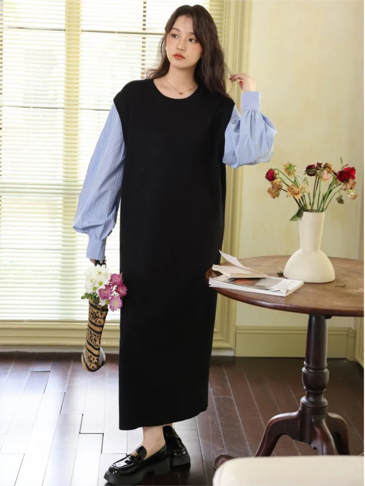 Spring Autumn Fake Two Blouse Loose Dress Women Patchwork Elegant Vintage Ladies Shirts Dresses Vestidos