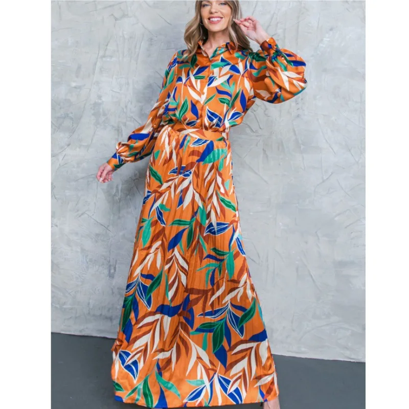 

Versatile fashion printed long-sleeved top, folding skirt, two-piece suit, simple temperament, elegant and versatile, high-end v