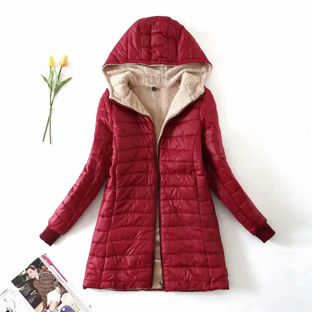 Jaqueta de comprimento médio com capuz para mulheres, Fleece Parkas, casaco de algodão quente de cordeiro, edição coreana, Fit Plus, inverno, novo