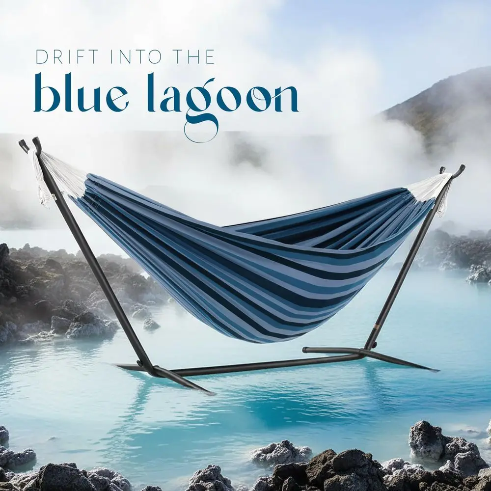 Double Cotton Hammock with Space Saving Steel Stand, Upgraded Polyester End Strings 450 lb Capacity Premium Carry Bag Included