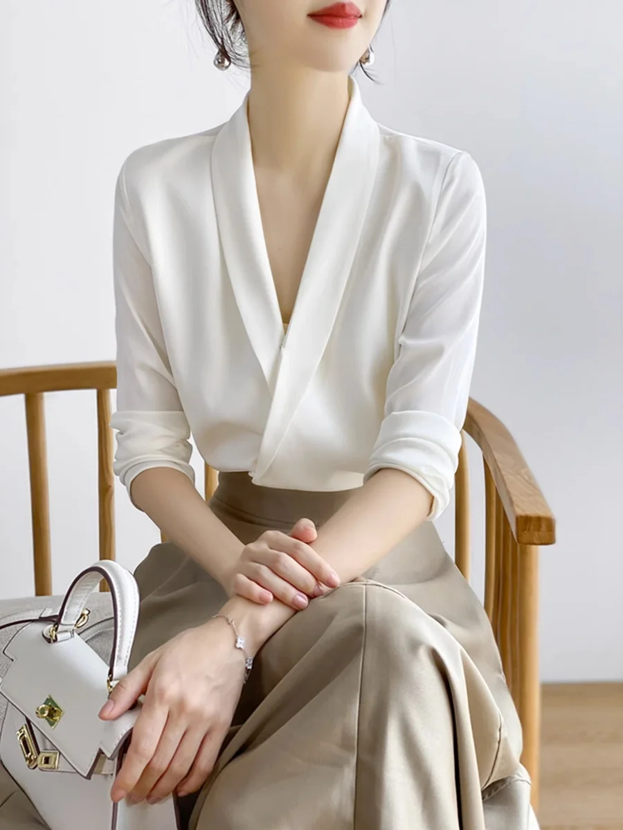 

Женская офисная блузка с V-образным вырезом и длинным рукавом, свободного кроя, для работы, весна-осень, европейский стиль, модная