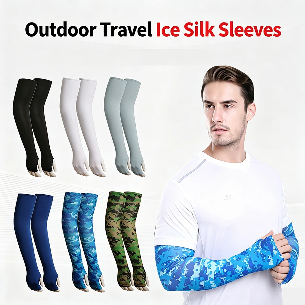Fingerless Cycling Arm Sleeves UV Sun Protection Ice Silk Extended Size for Men Women Outdoor Fishing Sweat Absorbent Breathable
