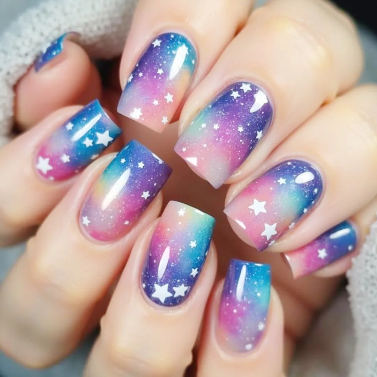 

24pcs Brilliant Starry Sky False Nails Colorful Smudging Gradient Star Pattern Press On Nails Y2k Short Square Fake Nail Tips
