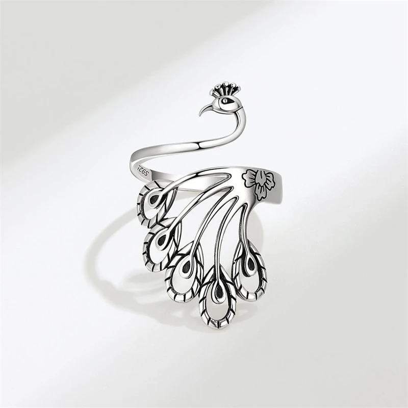 WYEAIIR Vintage Creative Art Peacock Thai Silver 925 Sterling Silver Resizable Opening Ring For Women Luxury Jewelry