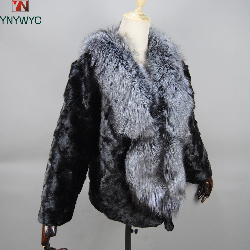 2024 Fashion Women Winter Warm Real Fur Coat Real Genuine Knitted Mink Fur Shawl Wrap Cape Scarf With Fox Fur Collar Mink Coat