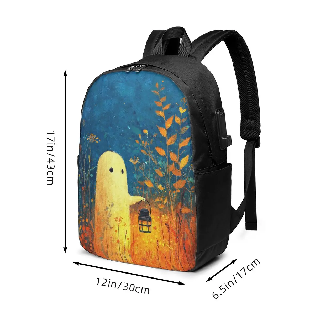 Cute Ghost Surrounded By Wild Flowers Backpack Travel Notebook Bag Computer College Student School Bag Laptop Shoulder Bags