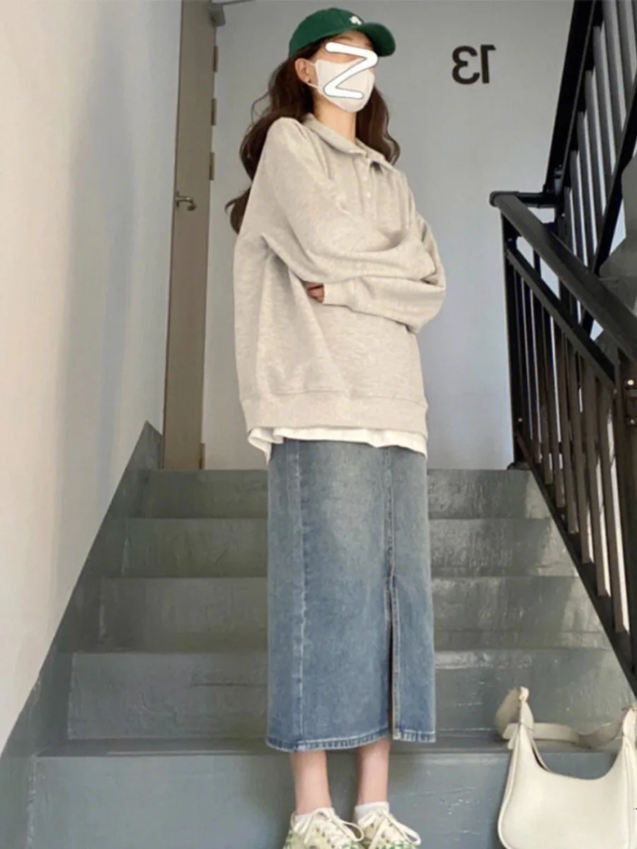 High Waist A-Line  Skirt for Women Denim Split Korean Style plus Size Conceals Belly Slimming Mid-Length Half Skirt