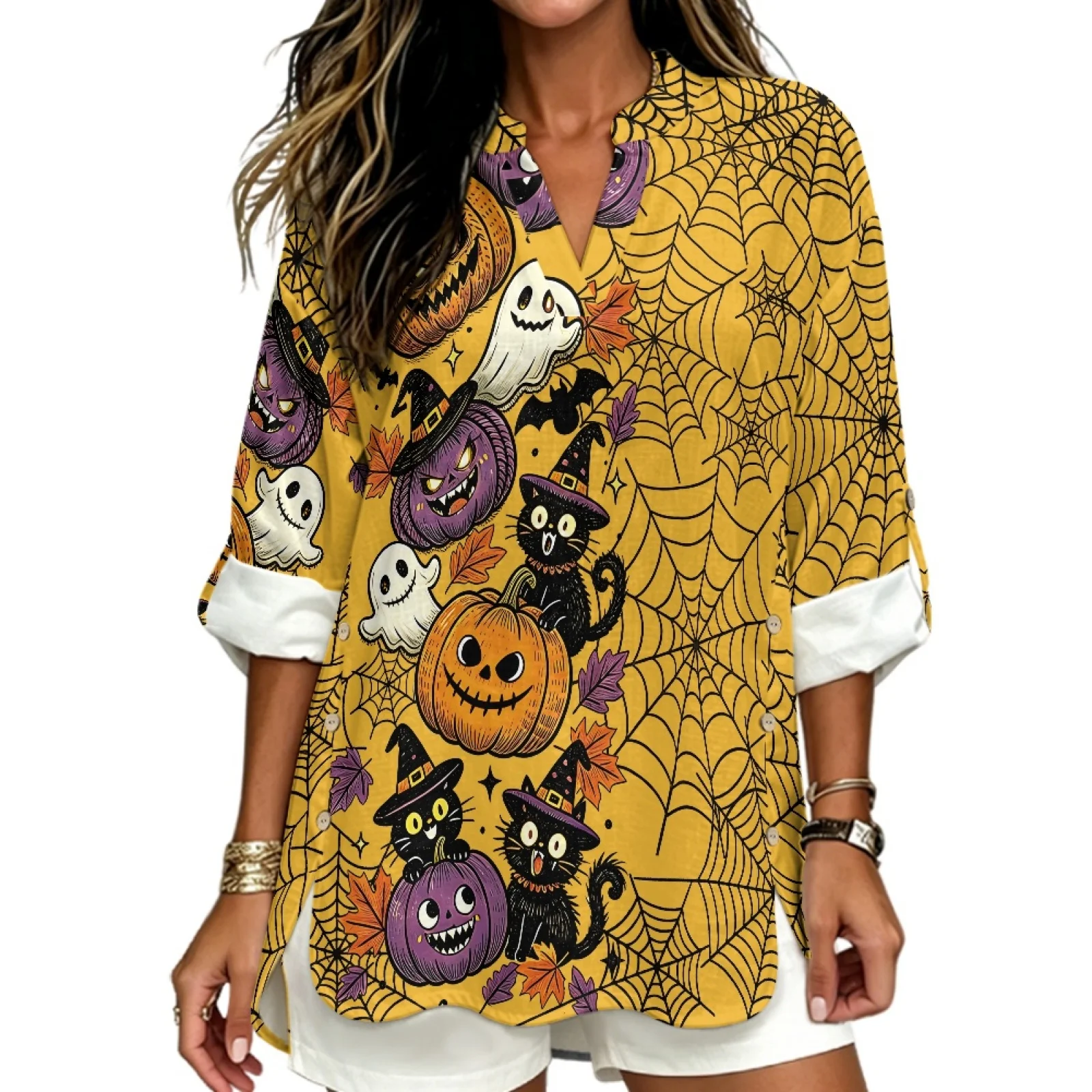 PENSTROLL Rolled Sleeve Linen Style Casual Shirts Curved Hem Notch V Neck Blouses for Everyday Wear Halloween Pumpkin