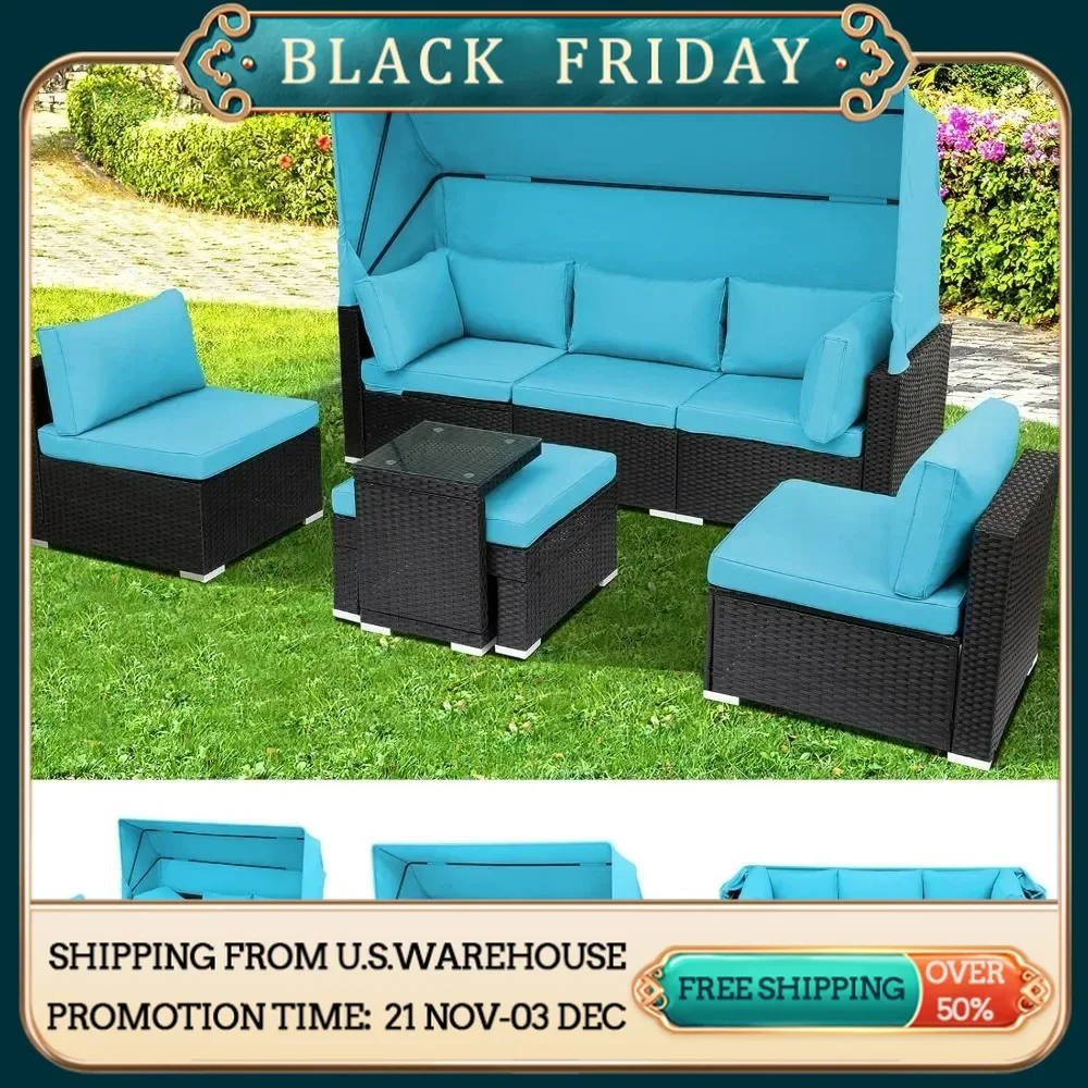 7 Pieces Patio Furniture Sets, Outdoor Daybed with Canopy Adjustable Backrest,Sectional Seating with Washable Cushions Rectangle