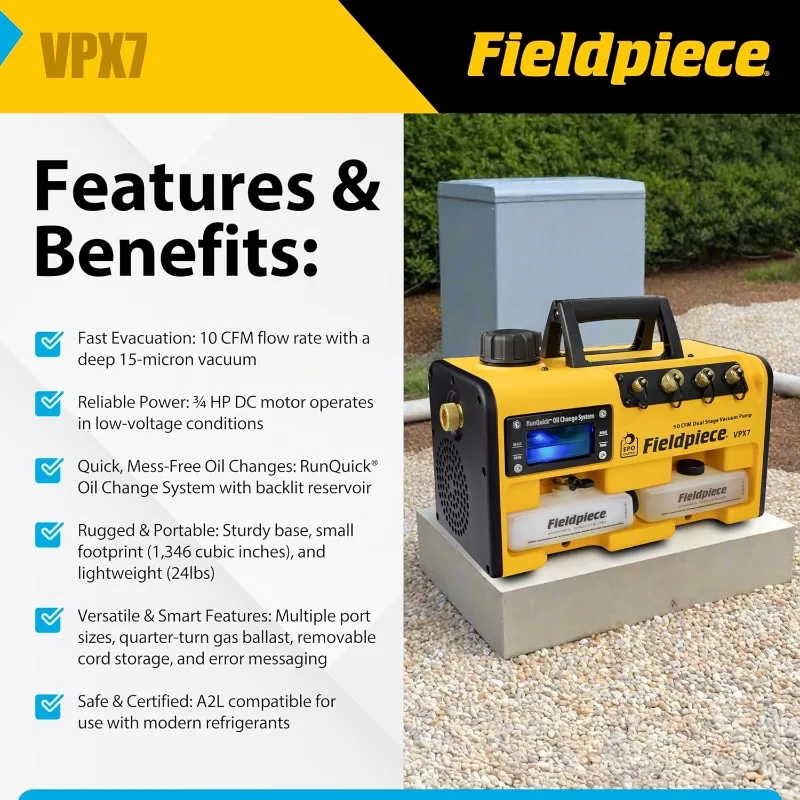 مضخة تفريغ VPX7 - 10 CFM، 3⁄4 HP DC Motor، نظام تغيير الزيت RunQuick – محمول - أداة HVAC احترافية - متوافقة مع A2L