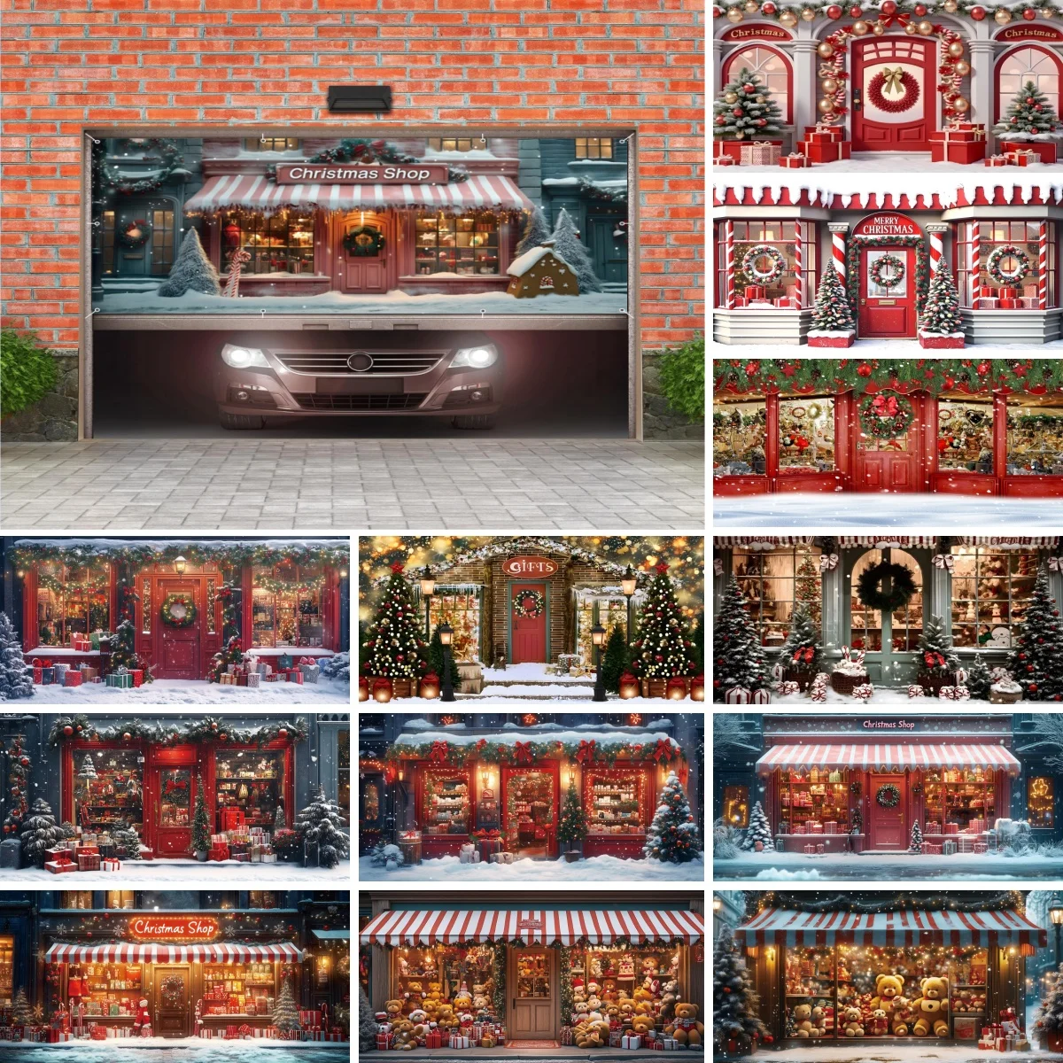 Christmas Shop Garage Door Cover Winter Snow Christmas Candy Gift Store Xmas Tree Outdoor Garage Door Decoration Hanging Banner