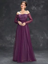 Mgiacy Line neck long sleeve lace floral waist fold stitching mesh A long evening gown ball dress Party dress Bridesmaid dress