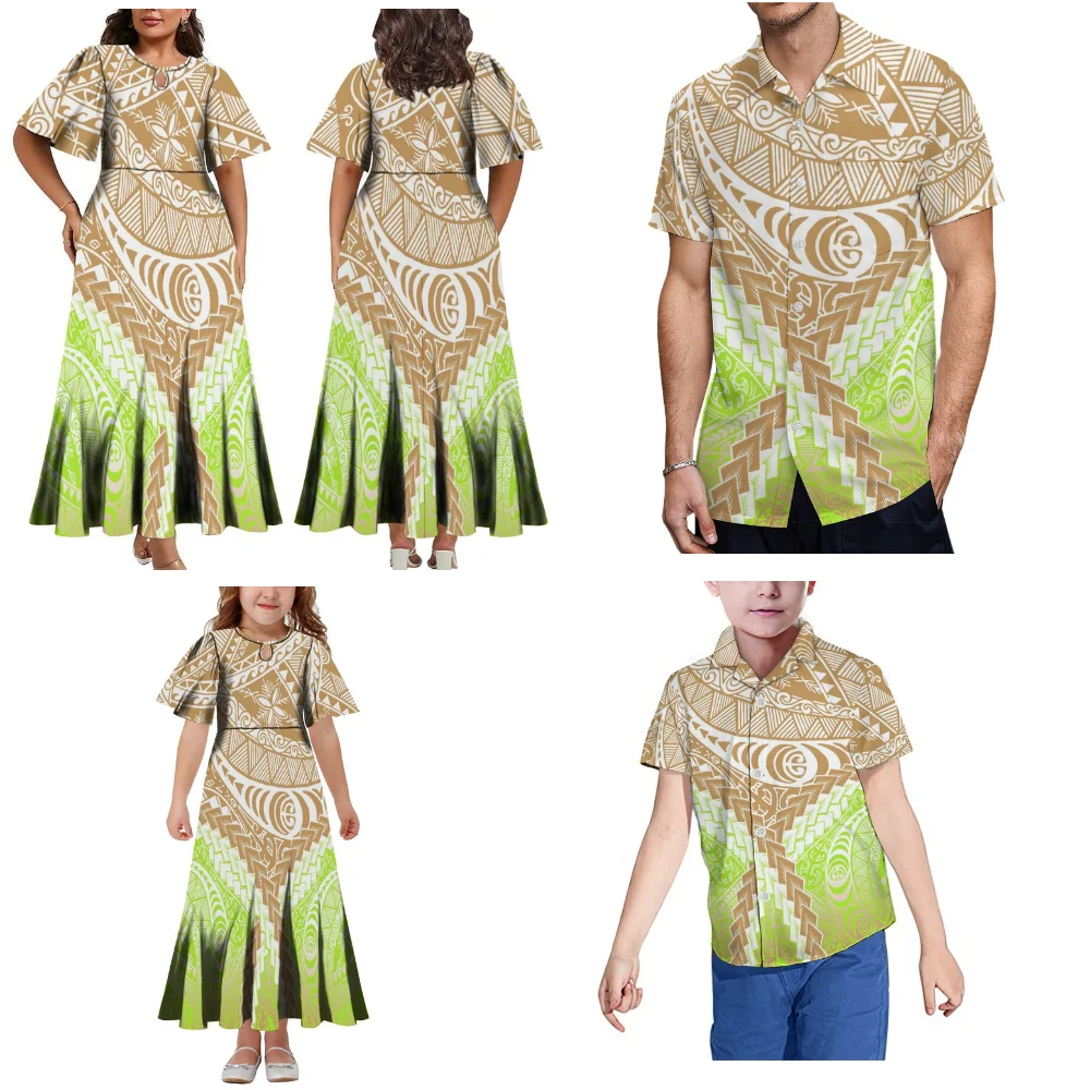 Fashionable Samoa House Party Set Women'S Short-Sleeved Dress Polynesia Fiji Tonga Tribal Dress And Men'S Shirt