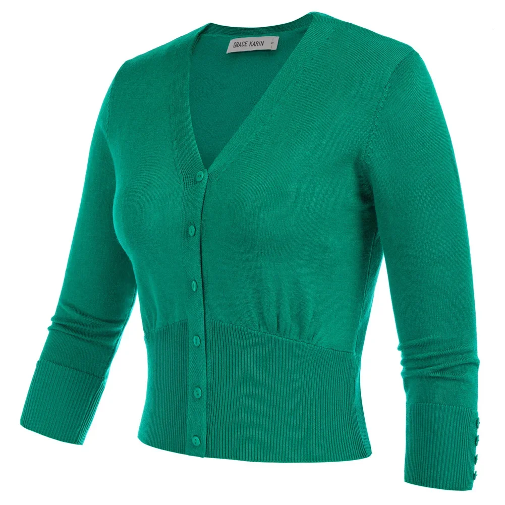 Gk Frauen gerippten Saum Pullover Strickjacke Ärmel V-Ausschnitt kurze Strickwaren schlanke elastische kausale Dame feste Strickjacke Streetwear