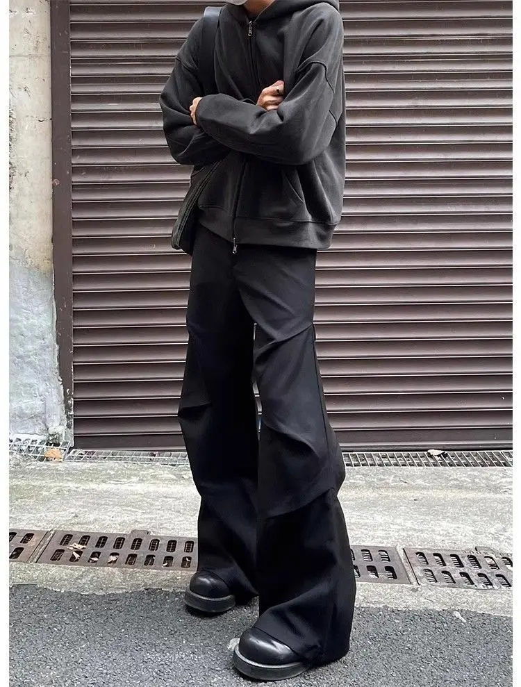 

Retro Trend Men Trousers High Waist Straight Tube Pants Pleated Design Premium Feeling Floor Length American Fashion Casual Wear