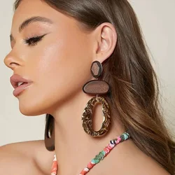 3 pairs Wooden Metal Asymmetry Long Dangle Earrings for Women Statement Hollow Out Water Drop Earrings Party Jewelry Gift