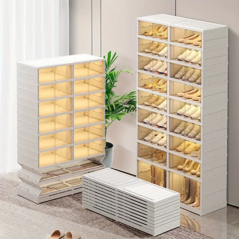 Foldable Shoe Racks Organizer for Closet Plastic Collapsible Shoes Storage Box Clear Stackable with Door Easy Assembly