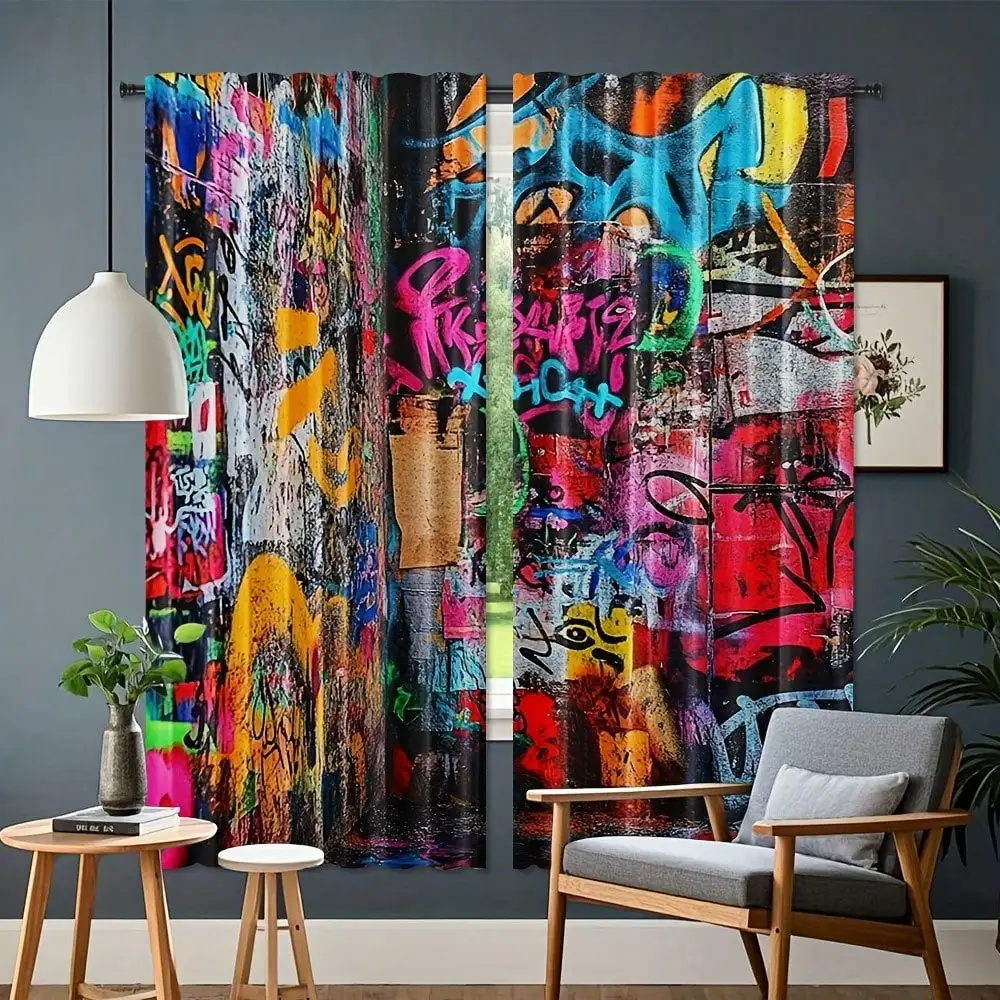 Graffiti Curtain, Urban Street Art Print Blackout Curtains, Colorful Spray Paint Design Drapes, Modern Abstract Decor, 2 Panels