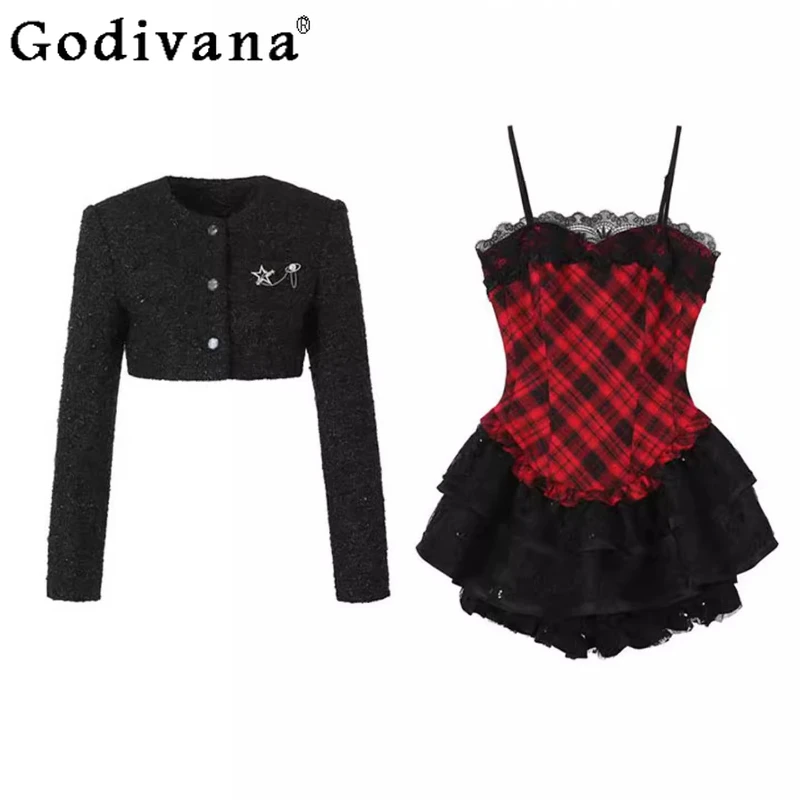 

Temperament Lace Red Black Plaid Cake Slash Neck Suspender Dress Girl Autumn Sexy Black Versatile Fashion Long Sleeve Short Coat