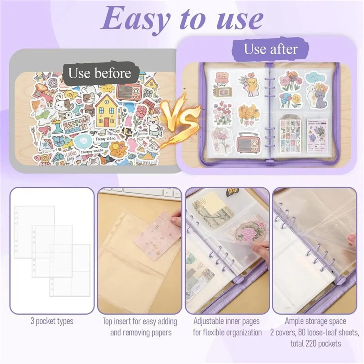 2 Set Sticker Organizer Binder Storage Book Reusable A5 Binder with Pockets and Zipper Closure