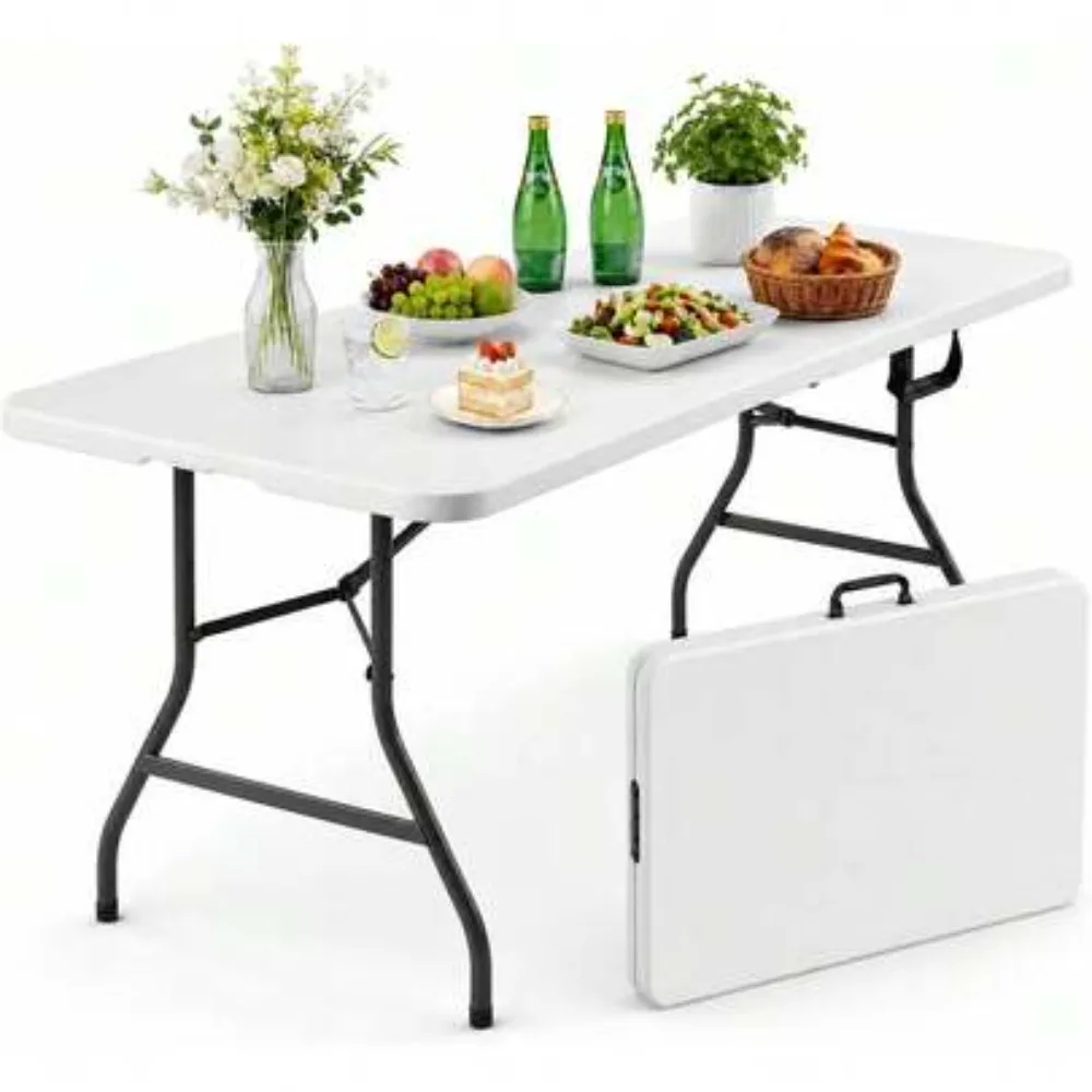 6FT Folding Table Portable Fold in Half Plastic Utility Table with Carrying Handle, Heavy Duty Lightweight Waterproof Stain Resistant Easy Clean Top, Sturdy Steel Frame Legs Non Slip Feet Holds Up to 300 lbs, for Dining Picnic Camping BBQ Party Events