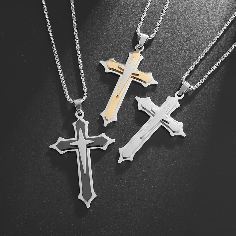 Vintage Stainless Steel Four Pointed Star Cross Pendant Necklace Men Women Christian Prayer Amulets Trend Jewelry