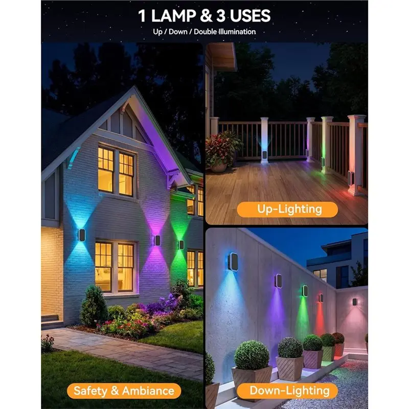[NEW!ABSV】 Outdoor Waterproof RGB Solar Fence Lights 6PCS With Bi-Directional Uplight/Downlight& Solar Powered Fence Wall Light