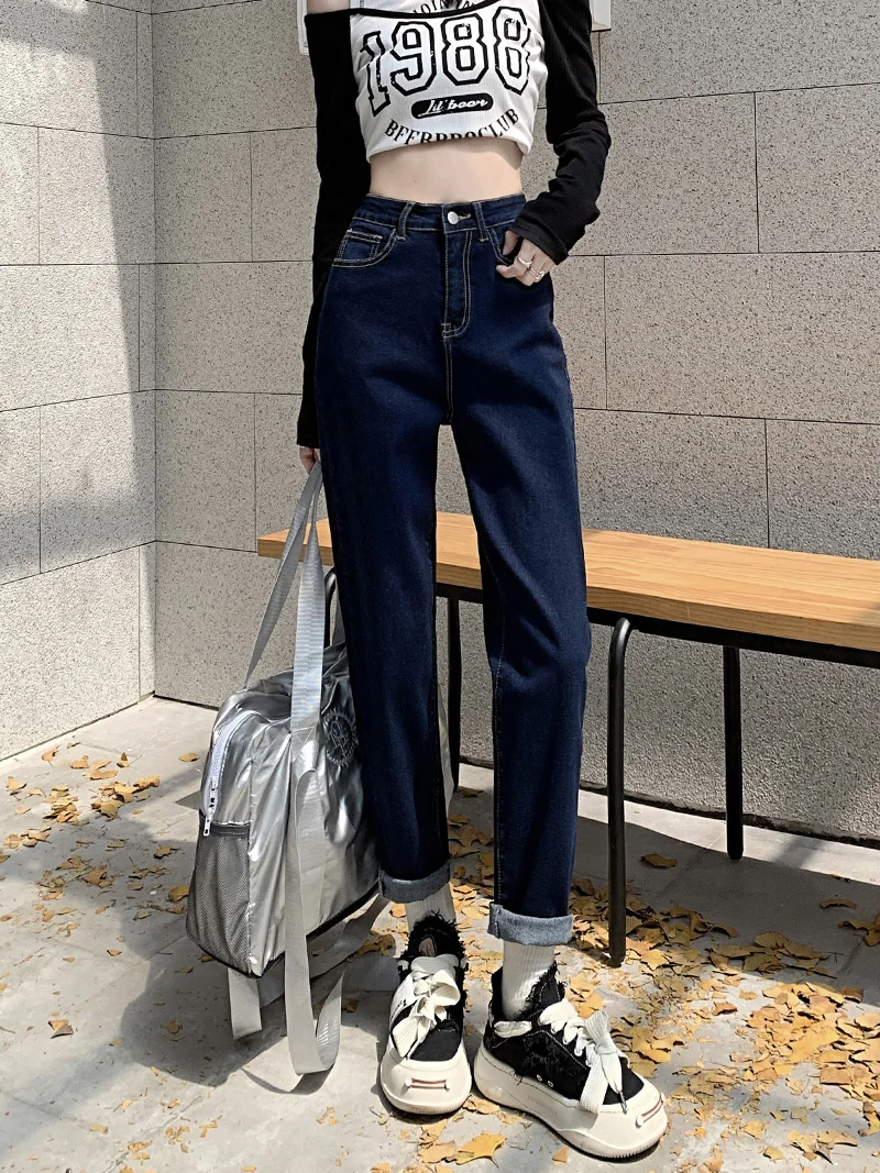 High Waist plus Size Straight Leg Jeans Women's Autumn New Sle Slimming Loose ort Nine Points Harlan Old Dad Pants