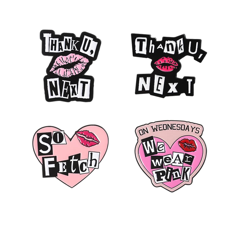 Alfileres esmaltados con estampado de labios y corazón rosa, broche de Metal personalizado Thank U Next So Fetch, insignia para solapa de camisa, joyería de moda, regalos para pareja