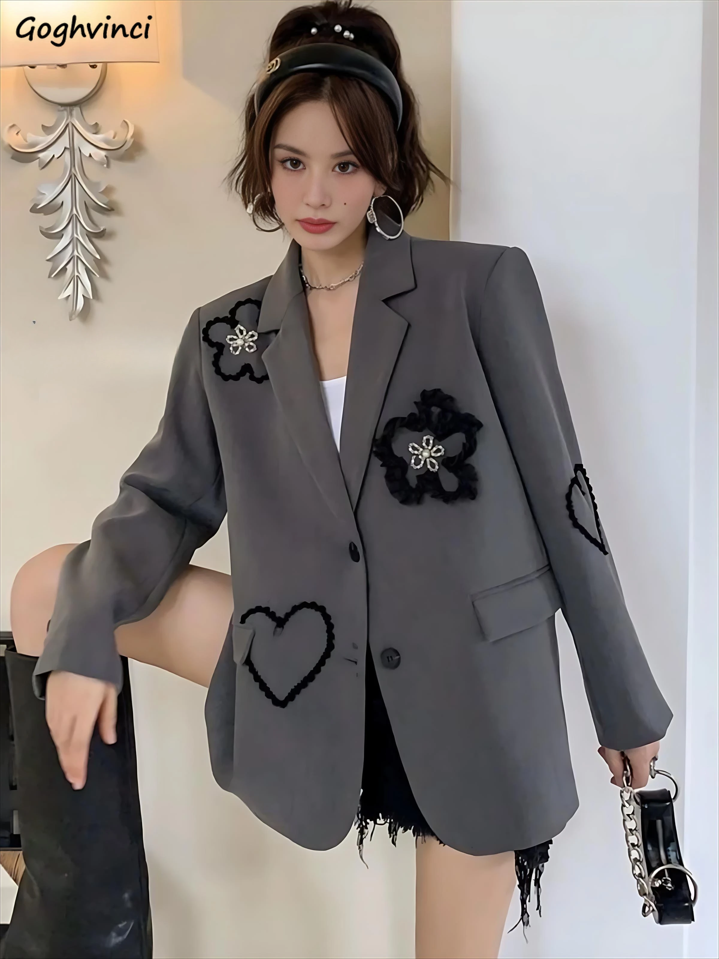 

Blazers WomenFlowy Woven Blend 3D Floral Embroidery Relaxed Oversized Loose Autumn Street Ins Trendy Korean Chic Office Casual