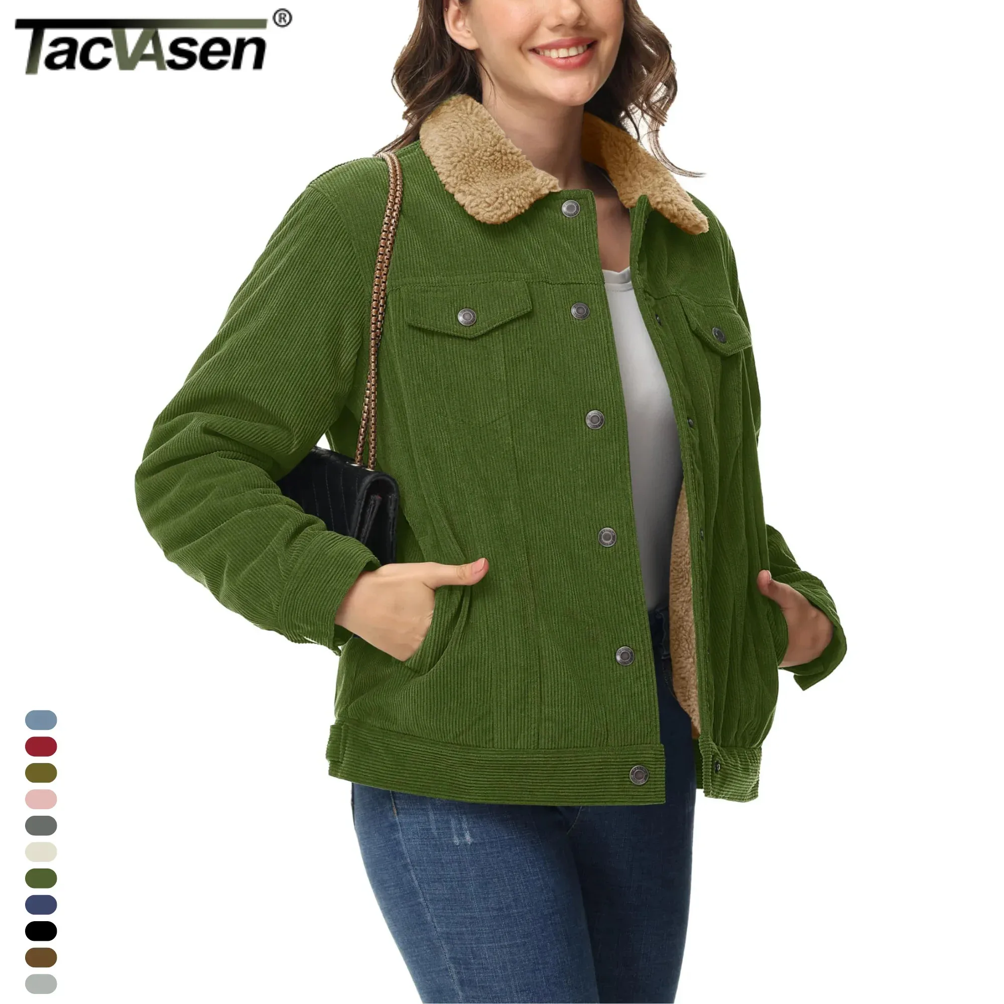 

TACVASEN Corduroy Sherpa Fleece Lined Heavy Jackets Womens Fashion Fuzzy Casual Outwears Winter Thermal Coats Female Windbreaker