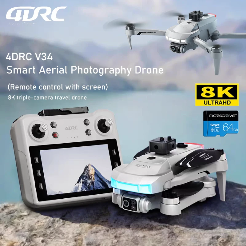 طائرة بدون طيار 4DRC V34 نظام تحديد المواقع الاحترافي 8k HD كاميرا بدون طيار مع شاشة التحكم عن بعد 5G WIFI بدون فرش التصوير الجوي كوادكوبتر
