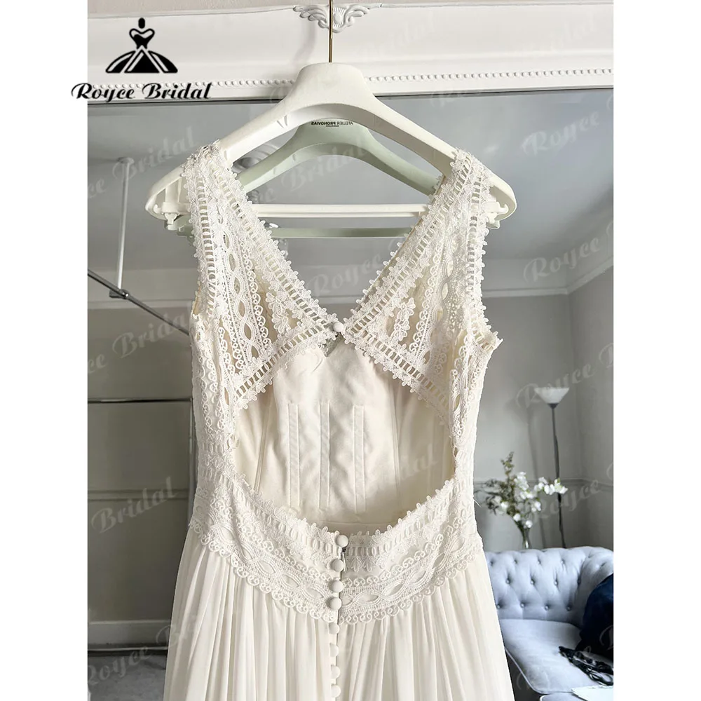 Vintage Lace Bodice Chiffon A Line Open Back Women Wedding Dress with V Neck 2025 Boho Bridal Gown robe de mariee Customized 