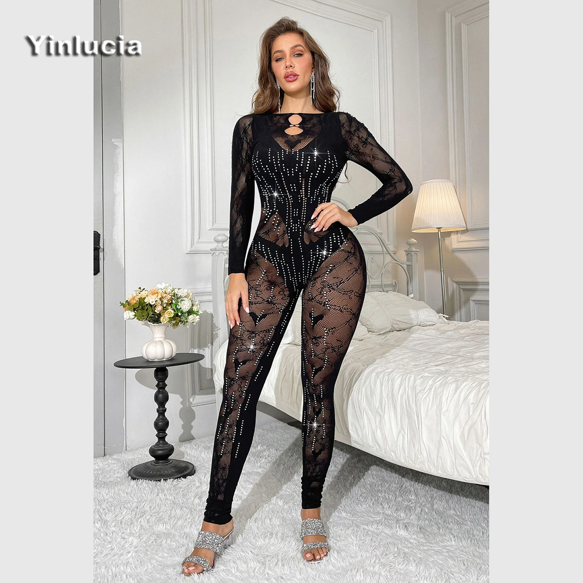 Sexy Shinny Diamond Hollow Out Jumpsuit Pants Long Sleeves Pants Knitted Base Bodysuit Shirt Slim Soft High Elastic Hot Babes