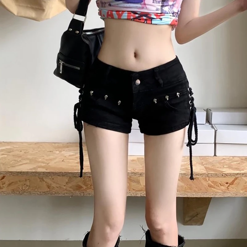 Y2k Retro Style Low Waist Pierced Dance Ultra Short Denim Shorts For Women