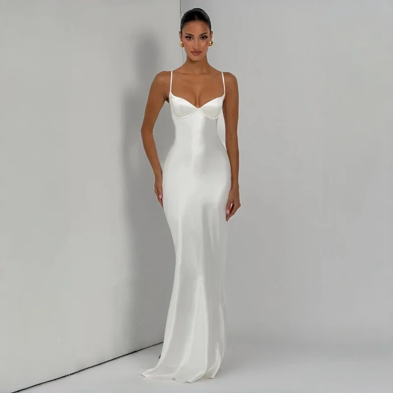 White Satin Spaghetti Strap Mermaid Gown Backless Lace-up Waist Cinching Light Wedding Dress Bridal Engagement Party Prom Host