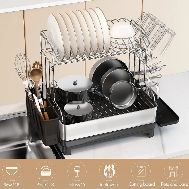 Dish Rack and Drainboard Set, Large Dish Drying Rack with Swivel Spout, Dish Strainer for Kitchen Counter with Utensil Holder