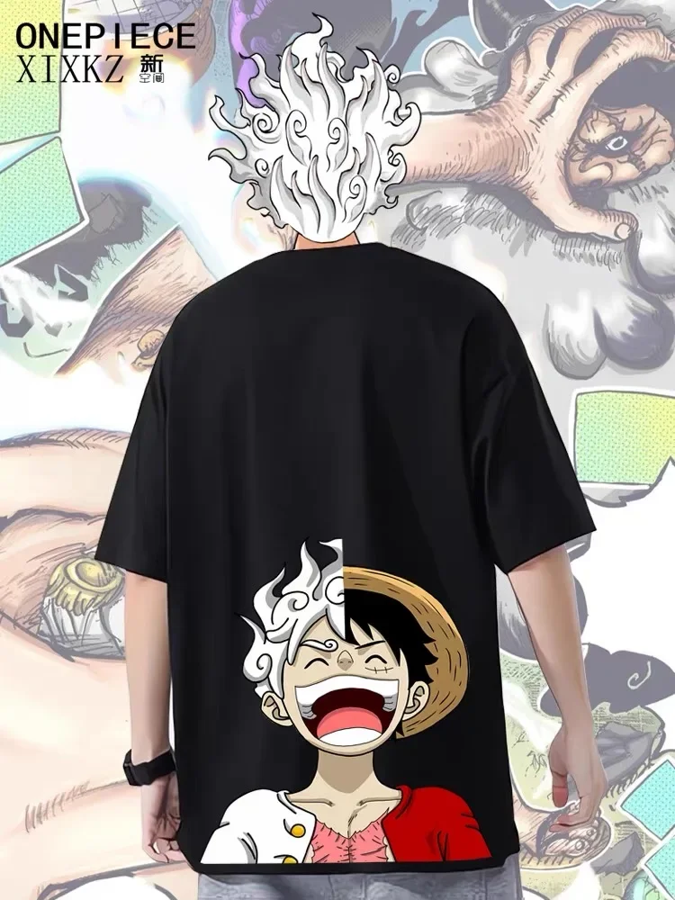 

Heavy Cotton One Piece T-shirt Japanese Trendy Brand Animation Peripheral Straw Hat Nika Luffy Printed Men's Short Sleeves