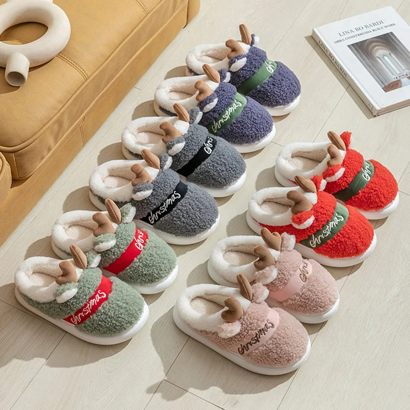 Winter Cotton Warm Plush Fur Antiskid Christmas Slippers Deer Antler Cotton Mops Outdoor Breathable Sole Soft Home Couples Shoes