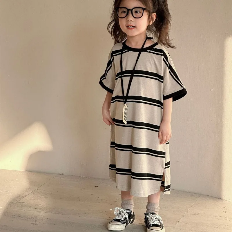 Vestido de verano para niños de 1 a 9 años, ropa a rayas de manga corta para niñas, vestido de princesa informal holgado, ropa de estilo de vacaciones